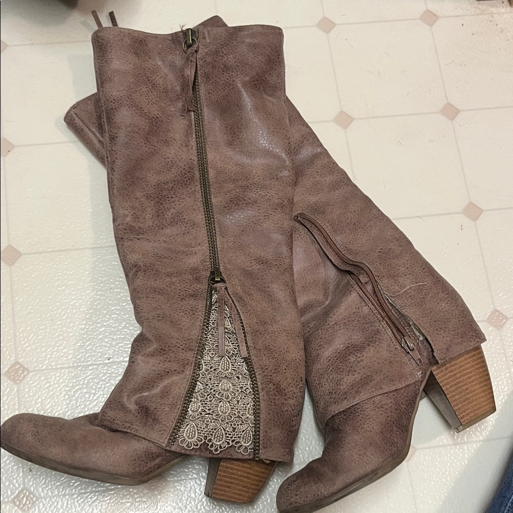 SHEIN Taupe Lace-Panel Mid-Calf Heeled Boots